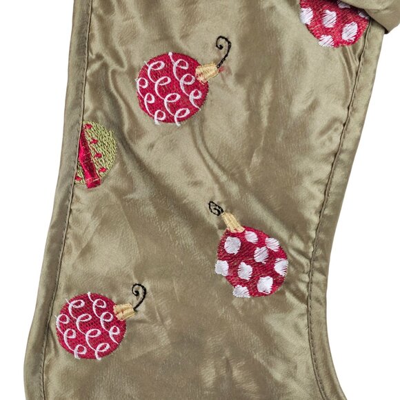 Embroidered Christmas Stocking Green Satin Ornament Design 20 in Vintage - Picture 2 of 10